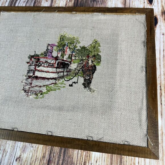 Vintage Cross Stitch Horse Ferry Boat Trees Water Complete Framed Finished 15x12 - Picture 10 of 11